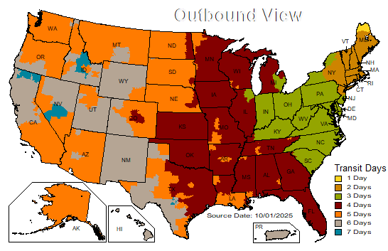 US map showing color-coded transit days ranging from 1 to 7, with variations in orange, red, and green.